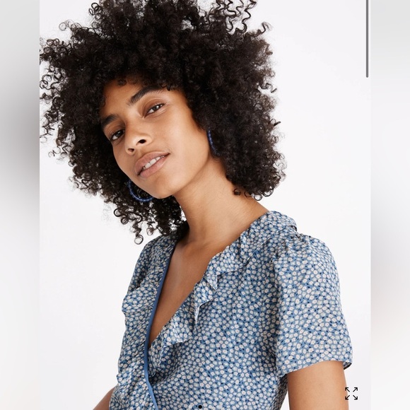 Madewell Silk Ruffle Edge Wrap Dress Bitsy Floral Print Blue Mini Womens S NWT - Picture 2 of 9